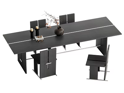 Modern Black Striped Dining Table Set With Chairs And Decorative Vase 3d model