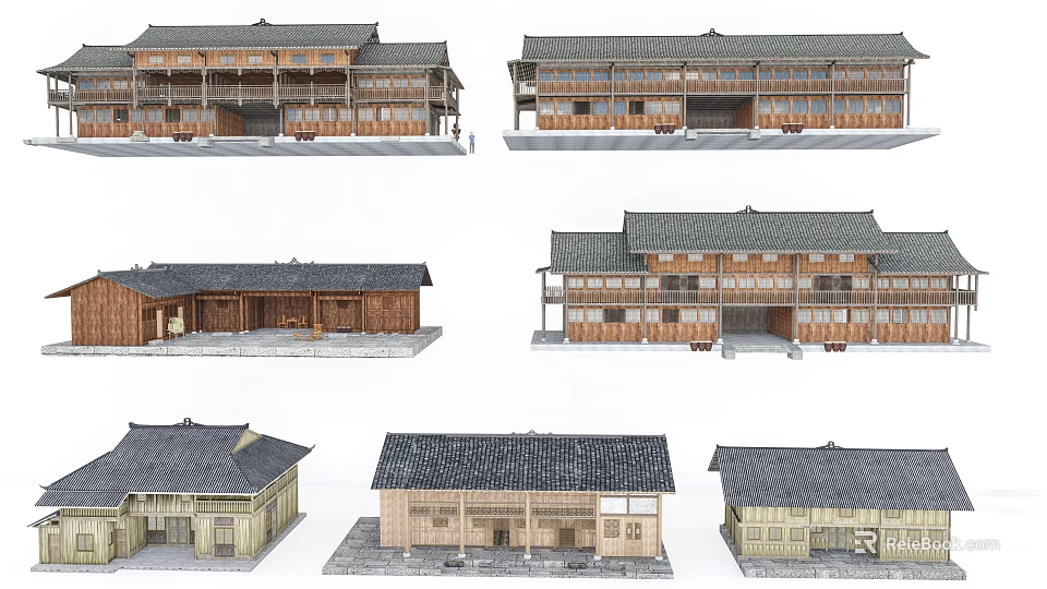 Ancient Traditional Architecture with Classic Roof Wooden Structure and Various Designs 3d model 