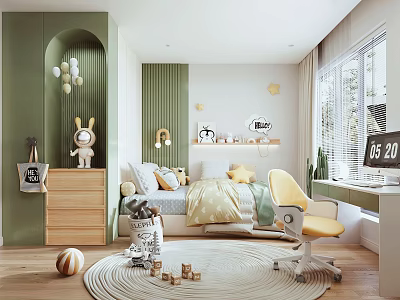 Children's Room With Green Walls Arched Design Rabbit Toy Wooden Dresser Yellow Chair And Rug 3d model