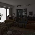 Cozy Living And Dining Room Interior With Colorful Striped Sofas Large Windows And Sea View