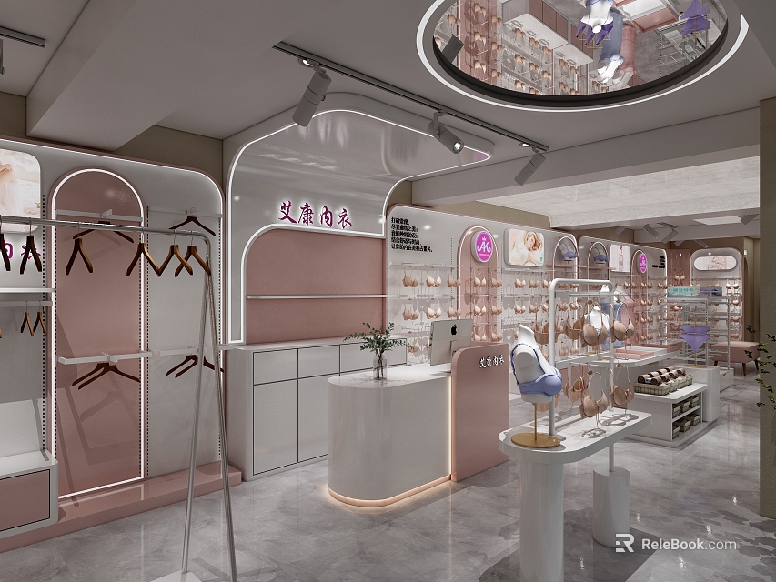 Elegant Modern Fashion Clothing Store With Pastel Pink Interior Clothing Racks Display Shelves And Lighting Design 3d model 