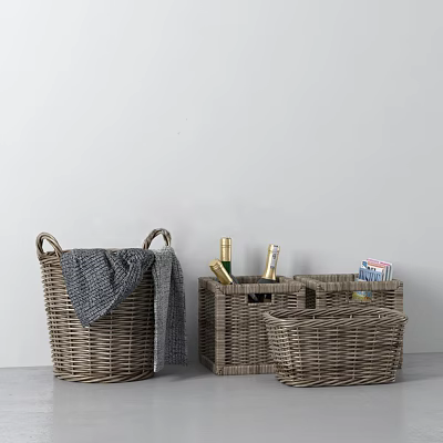 Woven Storage Baskets with Towel Wine Bottles and Magazines for Home Organizing 3d model