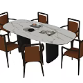 Modern Dining Table Set With Marble Top And Brown Leather Chairs 3d model