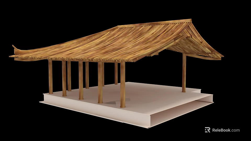 Traditional Ancient Architecture Open Structure With Thatched Roof Wooden Pillars On Platform 3d model 
