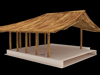 Traditional Ancient Architecture Open Structure With Thatched Roof Wooden Pillars On Platform 3d model