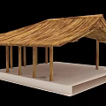 Traditional Ancient Architecture Open Structure With Thatched Roof Wooden Pillars On Platform