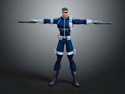 Detailed 3D Superhero Character Wearing Blue Uniform With White Stripes Holding Weapons Standing Pose 3d model
