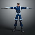 Detailed 3D Superhero Character Wearing Blue Uniform With White Stripes Holding Weapons Standing Pose