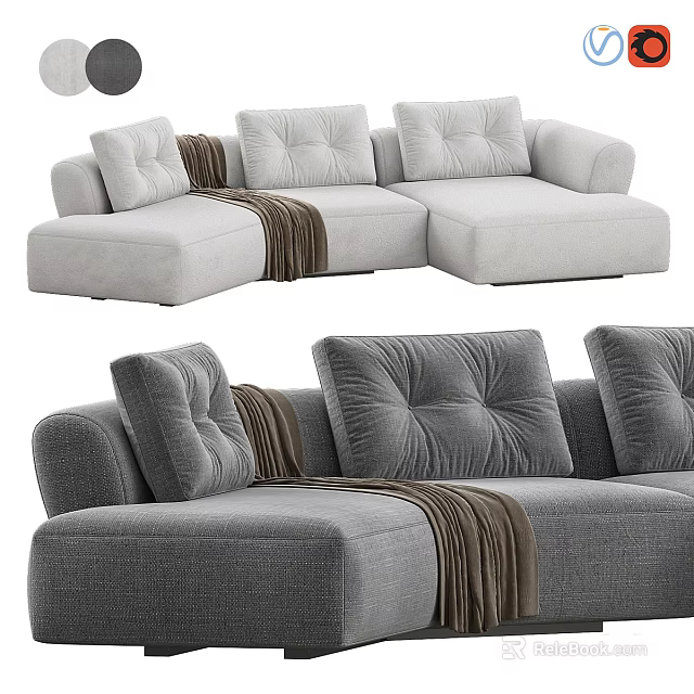 Gray Sectional Sofa Modern Design With Tufted Cushions And Brown Throw Blanket 3d model 
