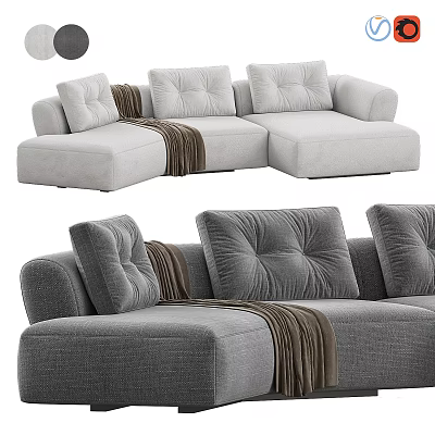Gray Sectional Sofa Modern Design With Tufted Cushions And Brown Throw Blanket 3d model