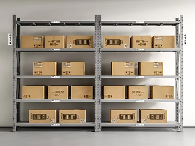 Heavy Duty Metal Storage Shelves With Stacked Brown Cardboard Boxes And Labeled Packages 3d model