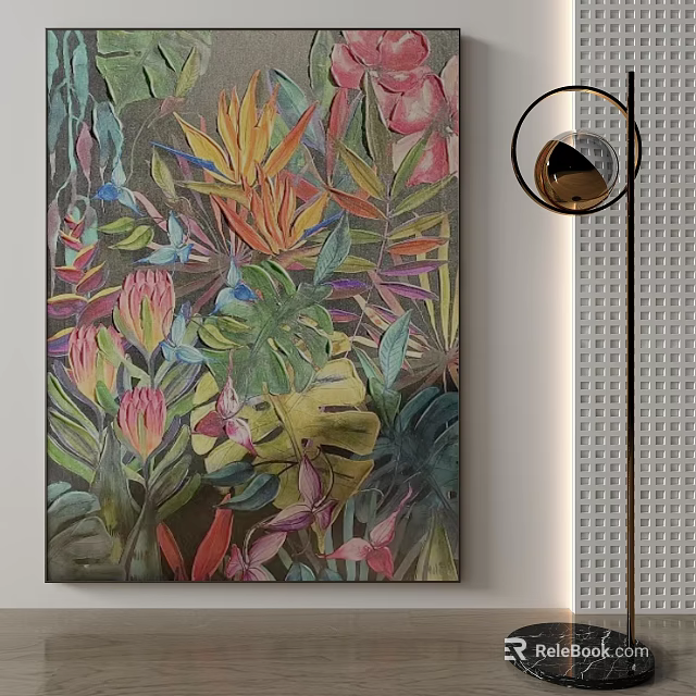 Vibrant Tropical Plant Painting With Colorful Leaves And Flowers For Interior Decor 3d model 