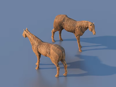 Two Detailed Wooden Horse Sculptures With Natural Carving Texture On Blue Background 3d model