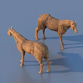 Two Detailed Wooden Horse Sculptures With Natural Carving Texture On Blue Background
