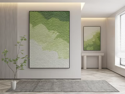 Modern Interior Decor With Green Abstract Paintings White Vase And Green Plant 3d model