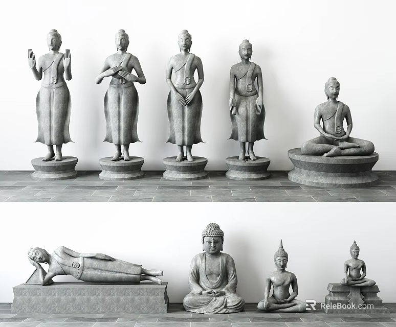 Exquisite Buddha Stone Sculptures With Standing Seated And Reclining Postures Artwork 3d model 