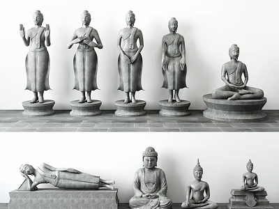 Exquisite Buddha Stone Sculptures With Standing Seated And Reclining Postures Artwork 3d model