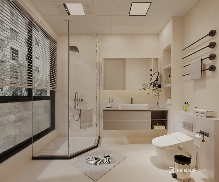 Modern Cream Style Bathroom Interior With Glass Shower Vanity Smart Toilet And Bright Natural Light 3d model 