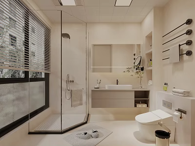 Modern Cream Style Bathroom Interior With Glass Shower Vanity Smart Toilet And Bright Natural Light 3d model