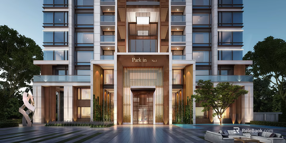 Park in Sky Residential Entrance With Modern Architecture Large Windows Green Plants And Illuminated Gateway 3d model 