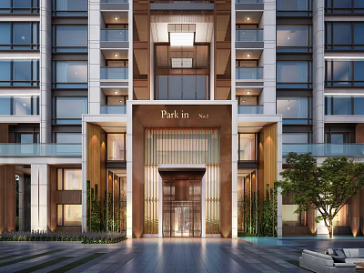 Park in Sky Residential Entrance With Modern Architecture Large Windows Green Plants And Illuminated Gateway 3d model