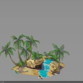 Tropical Island Landscape Featuring Palm Trees Small Waterfall Rocks And Sand Beach