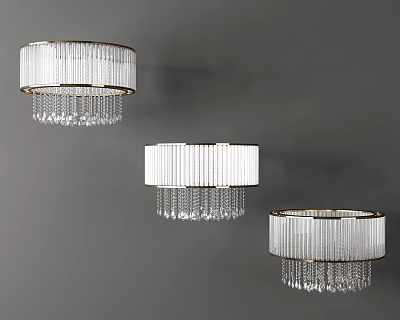 Three Modern Crystal Chandeliers with White Shade Gold Rim and Crystal Pendants Against Gray Background 3d model