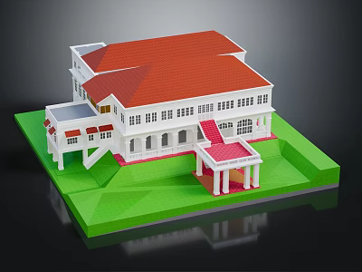 White Building Model With Red Roof Windows And Green Lawn Base 3d model