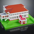White Building Model With Red Roof Windows And Green Lawn Base