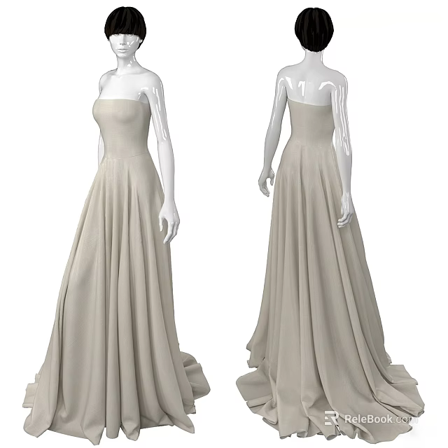 Model Wearing Beige Strapless Flowy Long Gown Front And Back Views 3d model