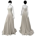 Model Wearing Beige Strapless Flowy Long Gown Front And Back Views 3d model