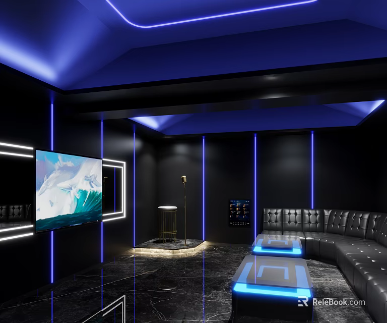 Stylish KTV Room With Blue Lighting Black Walls Large Screen TV Microphone Sofa And Table 3d model 
