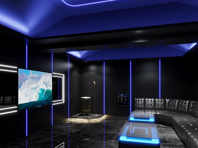 Stylish KTV Room With Blue Lighting Black Walls Large Screen TV Microphone Sofa And Table 3d model