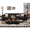 Luxurious Leather Sofa with Wooden Coffee Table Set and Decorative Pillows Floral Arrangement