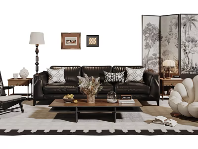 Luxurious Leather Sofa with Wooden Coffee Table Set and Decorative Pillows Floral Arrangement 3d model