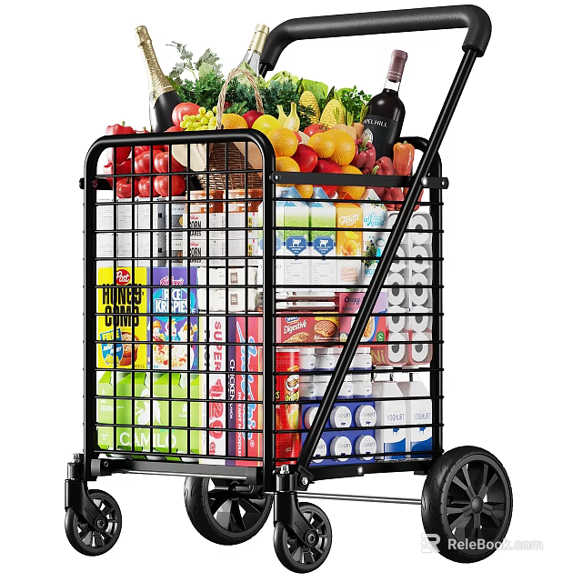 Practical Shopping Cart Filled with Fresh Fruits Vegetables Beverages Snacks and Daily Necessities 3d model 