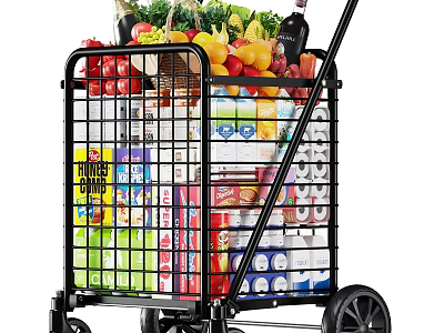 Practical Shopping Cart Filled with Fresh Fruits Vegetables Beverages Snacks and Daily Necessities 3d model