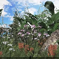 Garden Shrubs In Natural Landscape With Purple Flowers White Blooms Green Foliage And Stone Accents