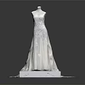 Elegant White Wedding Dress With Intricate Embroidery And Long Train On Mannequin