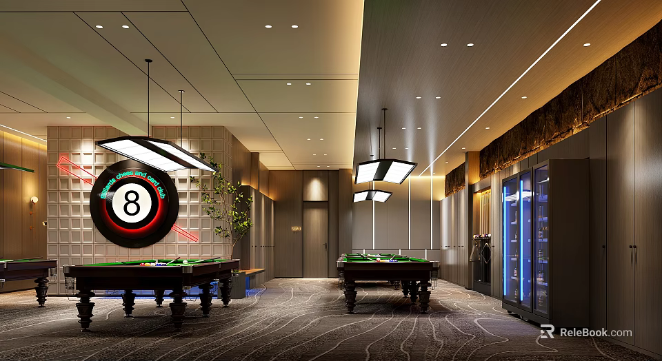 Modern Billiard Room With Green Felt Tables Pendant Lights 8 Ball Sign And Potted Plants 3d model 