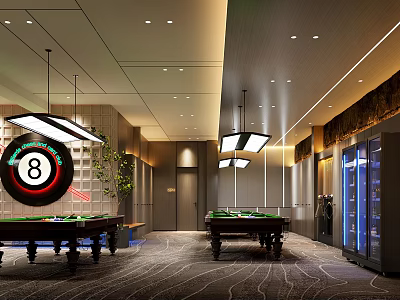 Modern Billiard Room With Green Felt Tables Pendant Lights 8 Ball Sign And Potted Plants 3d model