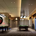 Modern Billiard Room With Green Felt Tables Pendant Lights 8 Ball Sign And Potted Plants