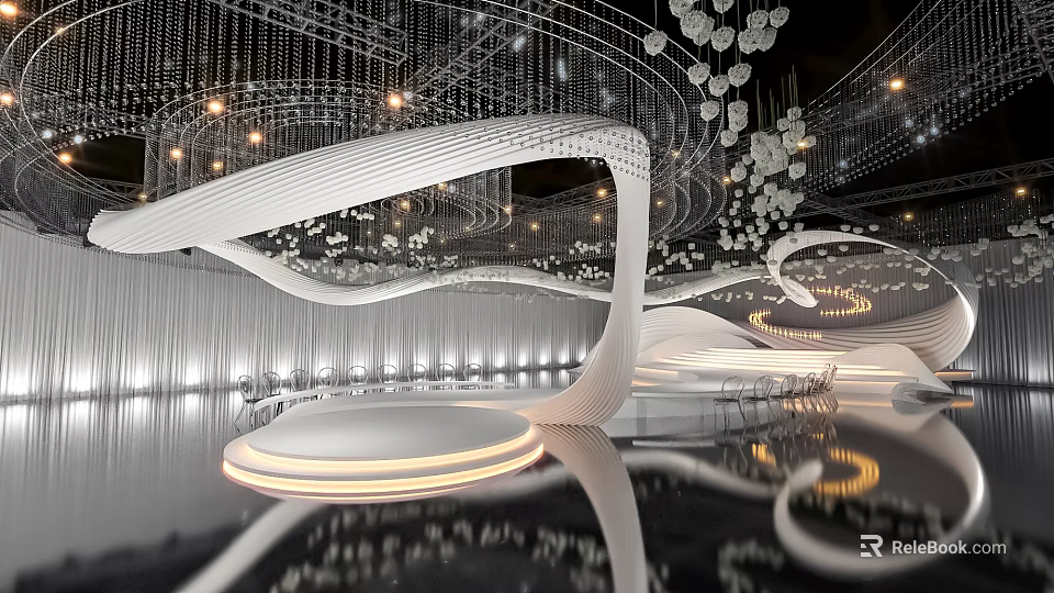 Modern Banquet Hall Interior Design With Elegant Lighting And Curved Decorations 3d model 