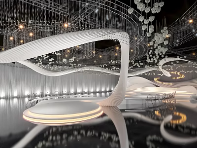 Modern Banquet Hall Interior Design With Elegant Lighting And Curved Decorations 3d model
