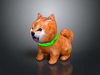 Orange Shiba Inu Puppy Figurine With Green Collar And Open Mouth On Dark Background 3d model