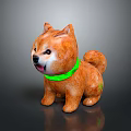 Orange Shiba Inu Puppy Figurine With Green Collar And Open Mouth On Dark Background
