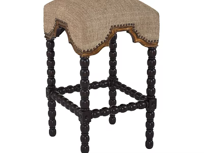 Beige Upholstered Stool With Dark Wooden Ball Decorative Legs And Trimmed Edge 3d model