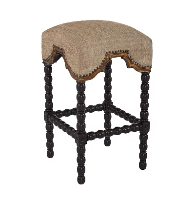Beige Upholstered Stool With Dark Wooden Ball Decorative Legs And Trimmed Edge 3d model