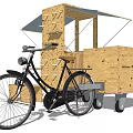 Functional Wooden Cart With Bicycle Trailer Canopy Platform And Stools 3d model