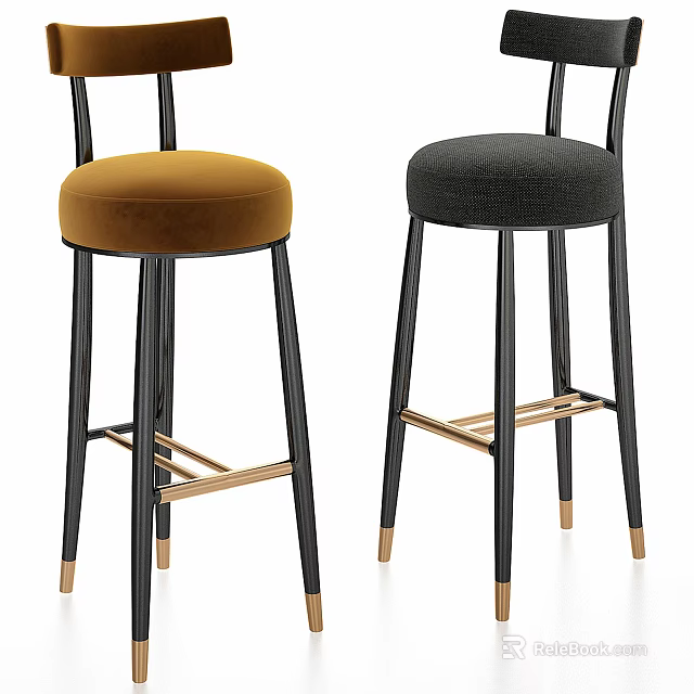 Modern Stylish Bar Stools With Black Frame Gold Accents Amber Velvet And Dark Gray Seats 3d model 